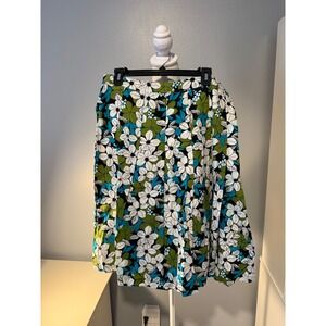 Kim Rogers Signature Floral A-Line Skirt Green Teal White Cotton Size 12